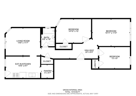 Floor plan for 3 beds, 1 bath, 1227 sqft